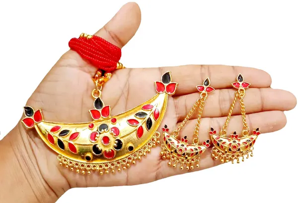 Assamese_Traditional_Gold_Plated_Red_Black_Colour_Joonbiri_Tassel_Jewellery_Set_For_Women
